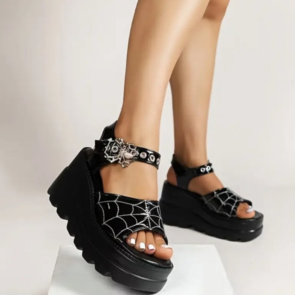 Goth Punk Platform Spider Web Buckle Shoes Black Emo Women’s Chunky Style Size 8
